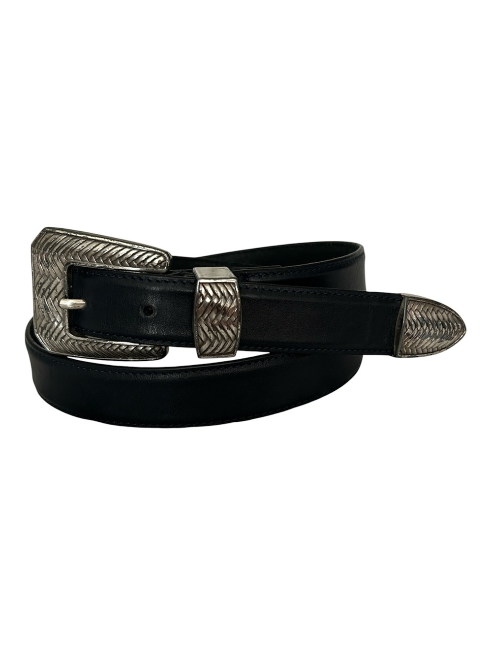 Talbots Black Leather Belt with Textured Silver Buckle. Size Large